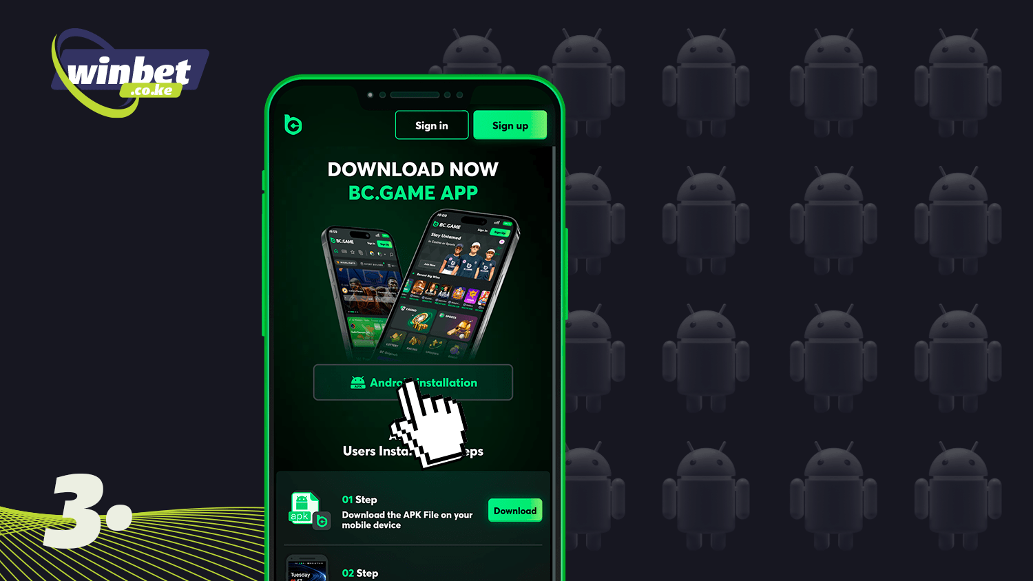 Interface do app BC Game no celular Android — lobby do cassino com jogos populares